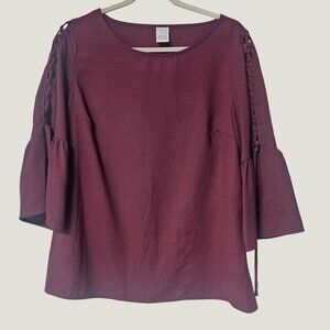 Time And Tru Womens Bell Sleeve Burgundy Blouse With Lace-Up Detail Size M
